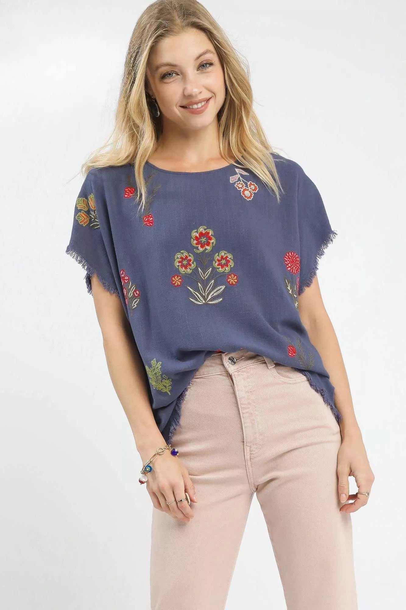 Umgee Linen Blend Embroidered Frayed Hem Top OutfitFlow
