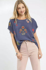 Umgee Linen Blend Embroidered Frayed Hem Top OutfitFlow