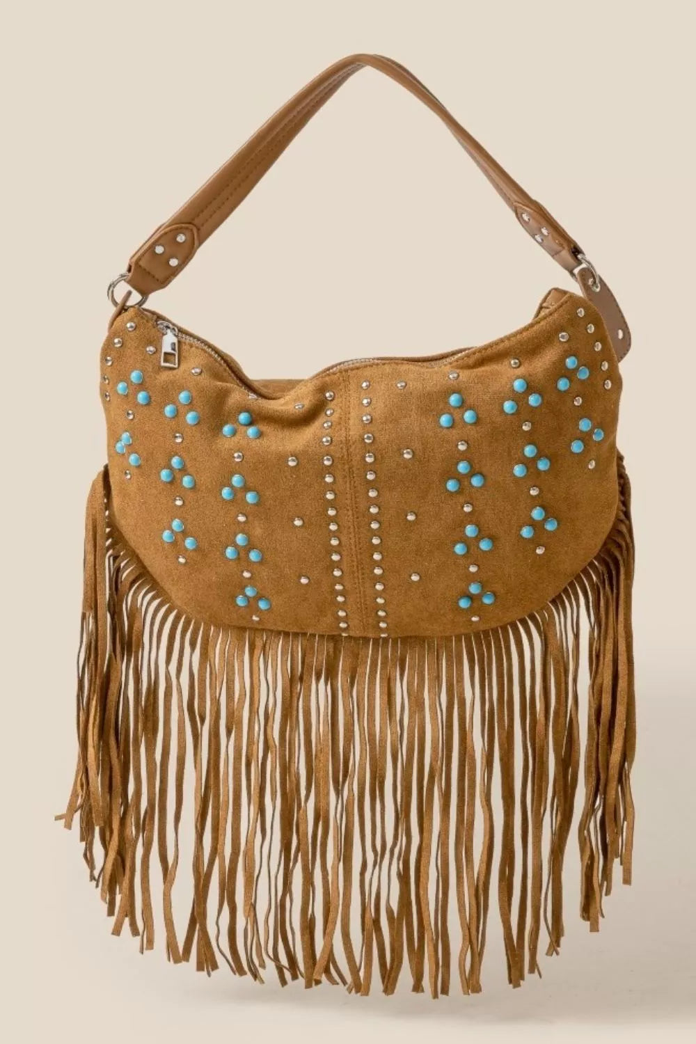 Fame Studded Pattern Multi Fringe Hobo Shoulder Bag OutfitFlow
