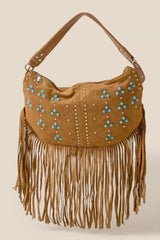 Fame Studded Pattern Multi Fringe Hobo Shoulder Bag OutfitFlow