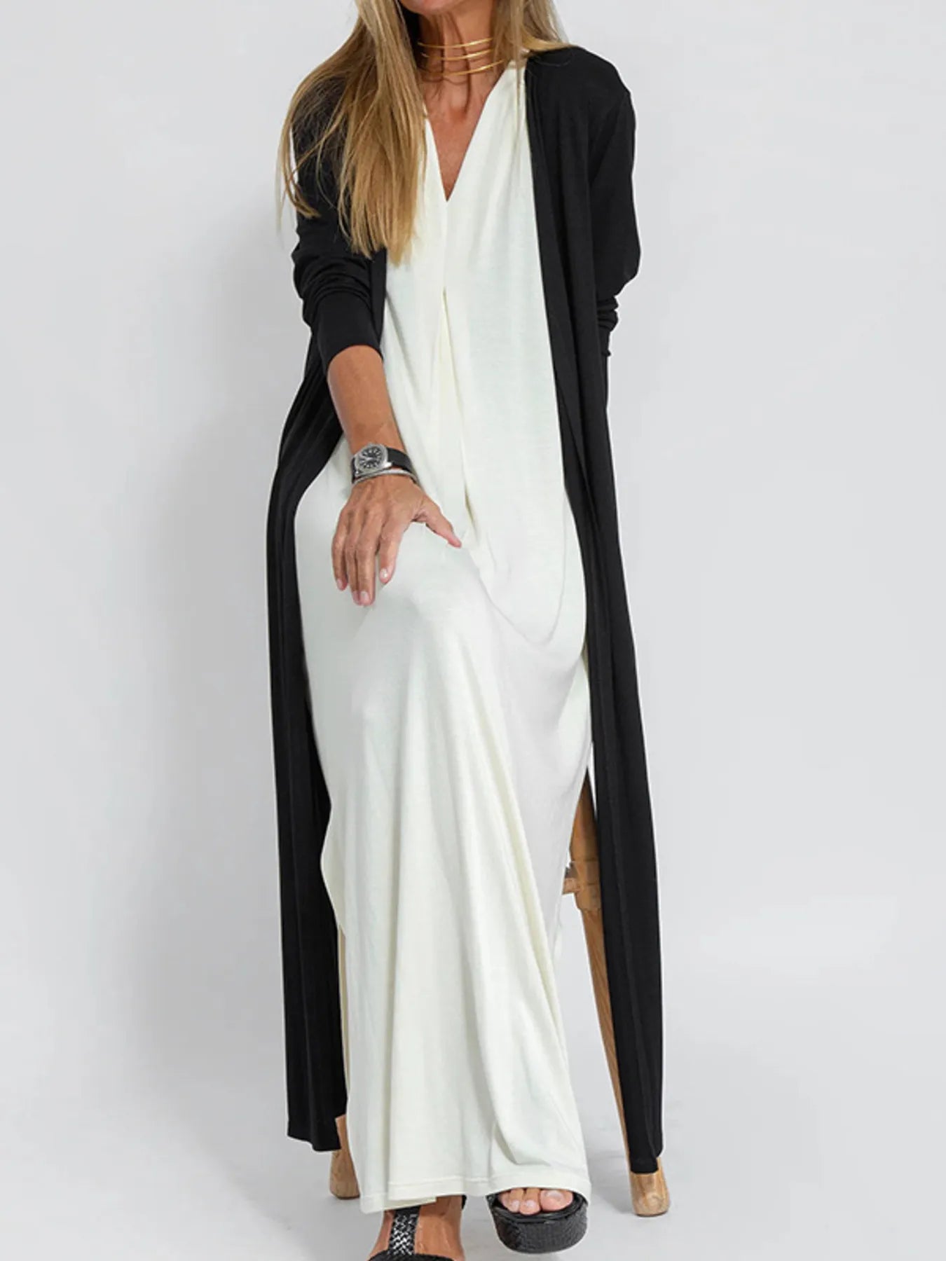 Full Size Open Front Side Slit Longline Cardigan Plus Size Black OutfitFlow