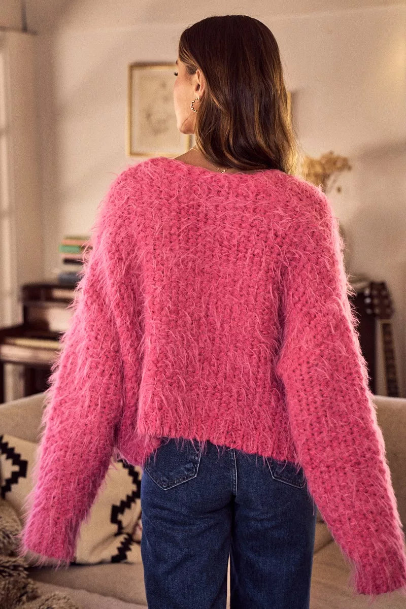SO ME Soft Touch Hairy Loose Fit Cozy Sweater Cardigan OutfitFlow