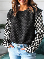 Textured Contrast Checkered Patchwork Long Sleeve Top OutfitFlow