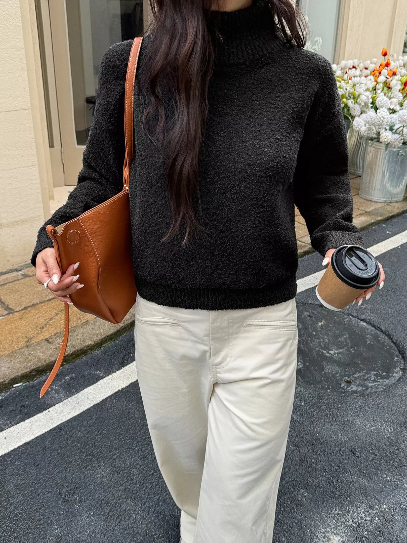 Turtleneck Long Sleeve Sweater Black OutfitFlow