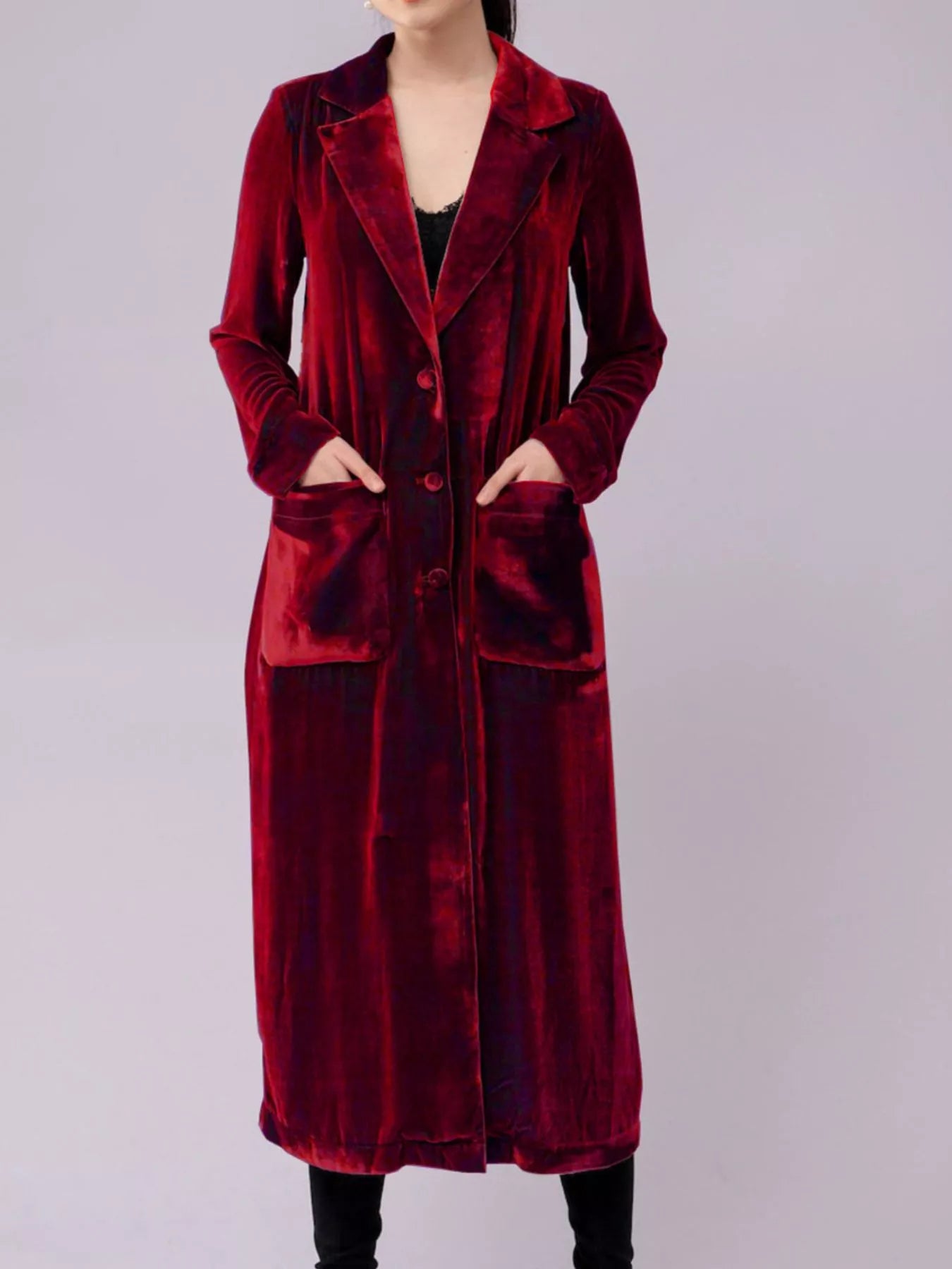 Velvet Lapel Collar Longline Coat Trendsi