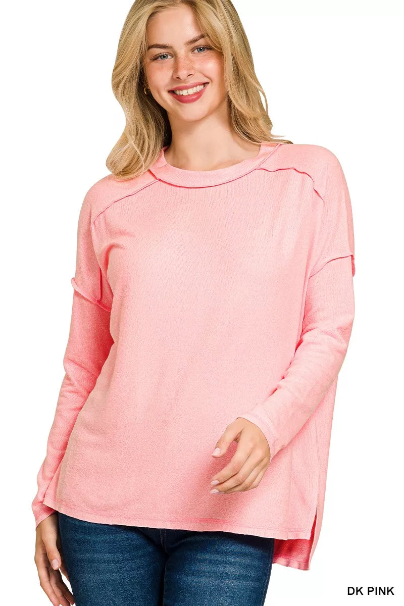 Zenana Full Size Melange Hacci Exposed Seam Hi-low Tee Plus Size OutfitFlow