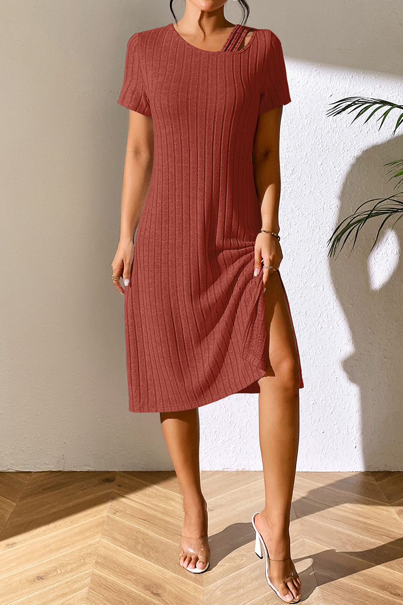 Ivy Lane Ribbed Asymmetrical Neck Short Sleeve Dress OutfitFlow