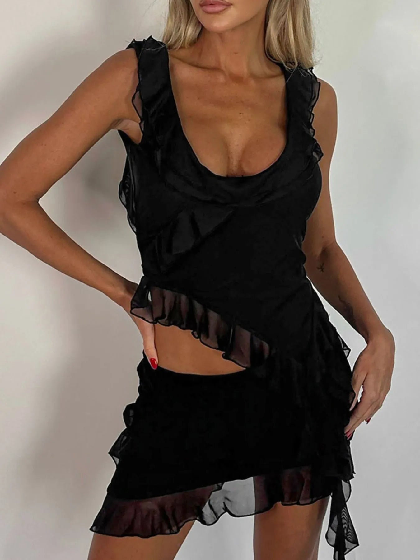 Ruffled Scoop Neck Tank and Skirt Set Black OutfitFlow