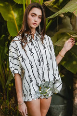 BiBi Bow Ribbon Woven Printed Button Down Shirt OutfitFlow