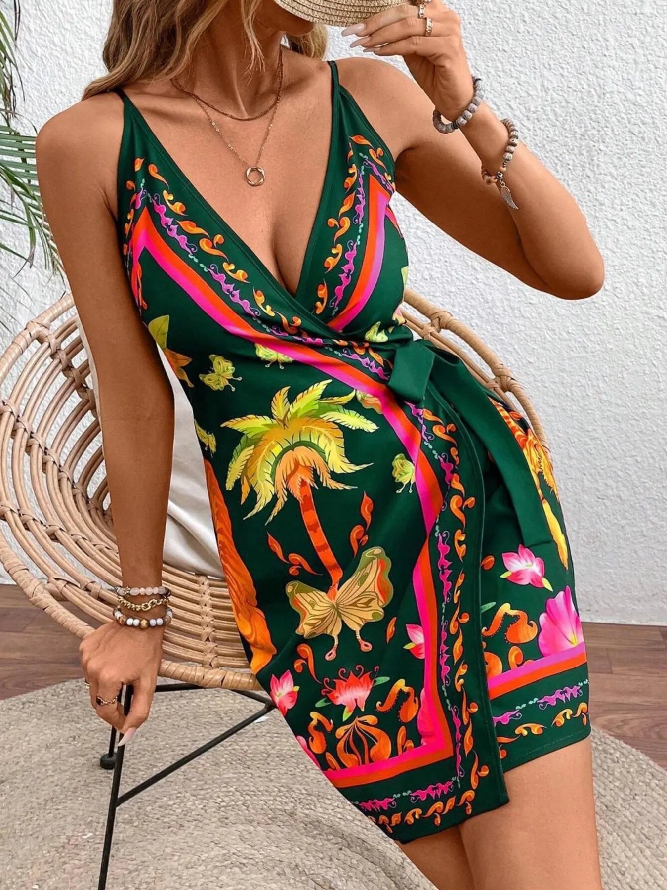 Floral Print Spaghetti Strap Wrap Mini Dress OutfitFlow