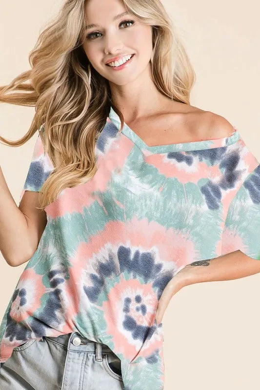 BiBi Tie Dye Print Terry V Neck Short Sleeve Top BLUSH MULTI OutfitFlow