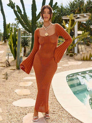 Openwork Square Neck Flare Sleeve Cover-Up Dress Terracotta OutfitFlow