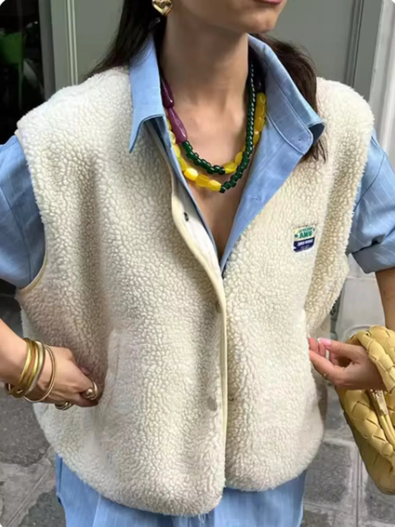 Snap Down Sherpa Vest Coat Ivory OutfitFlow