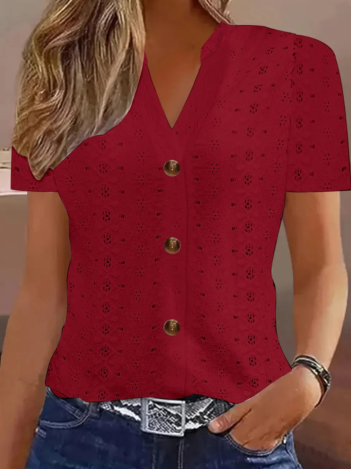 Openwork Notched Short Sleeve Top Scarlet OutfitFlow