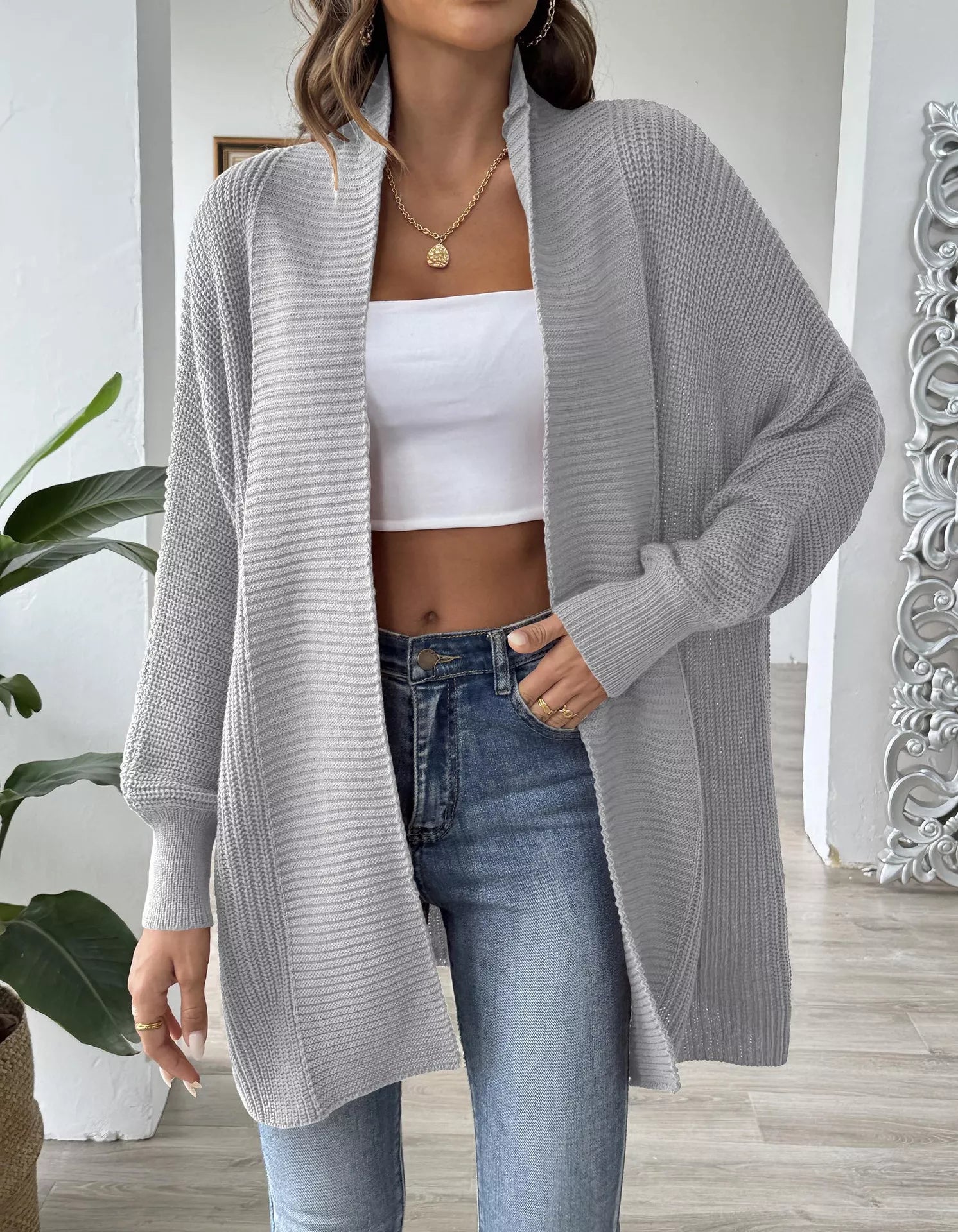 Open Front Ribbed Knit Cardigan OutfitFlow