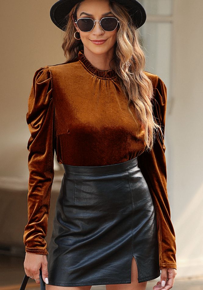 Frill Mock Neck Puff Sleeve Blouse OutfitFlow