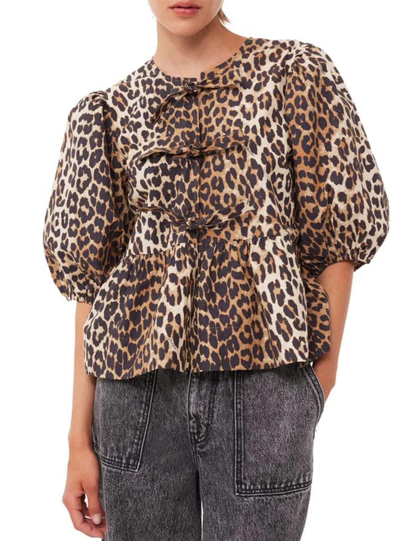 Puff Sleeve Bow Tie Blouse OutfitFlow