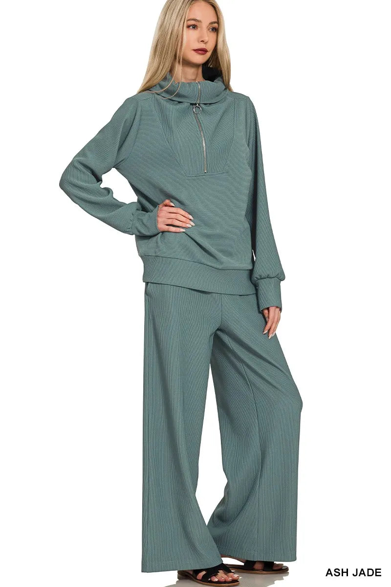 Zenana Ribbed High Neck Half Zip Pullover & Pants Set Trendsi