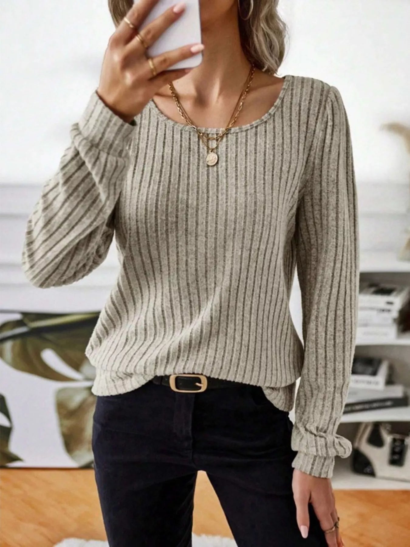 Ribbed Knit Long Sleeve T-Shirt OutfitFlow