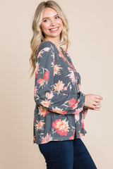 Outfit Flow - Super Lady Full Size Babydoll Floral Long Sleeve Blouse