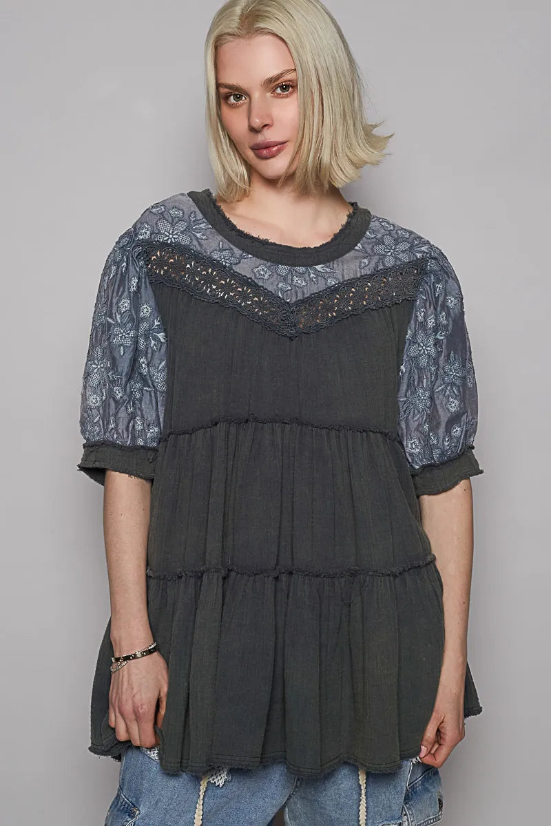 POL Lace Detail Tiered Round Neck Half Sleeve Blouse OutfitFlow