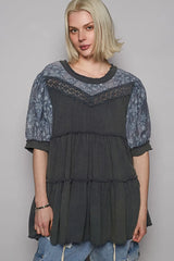 POL Lace Detail Tiered Round Neck Half Sleeve Blouse OutfitFlow