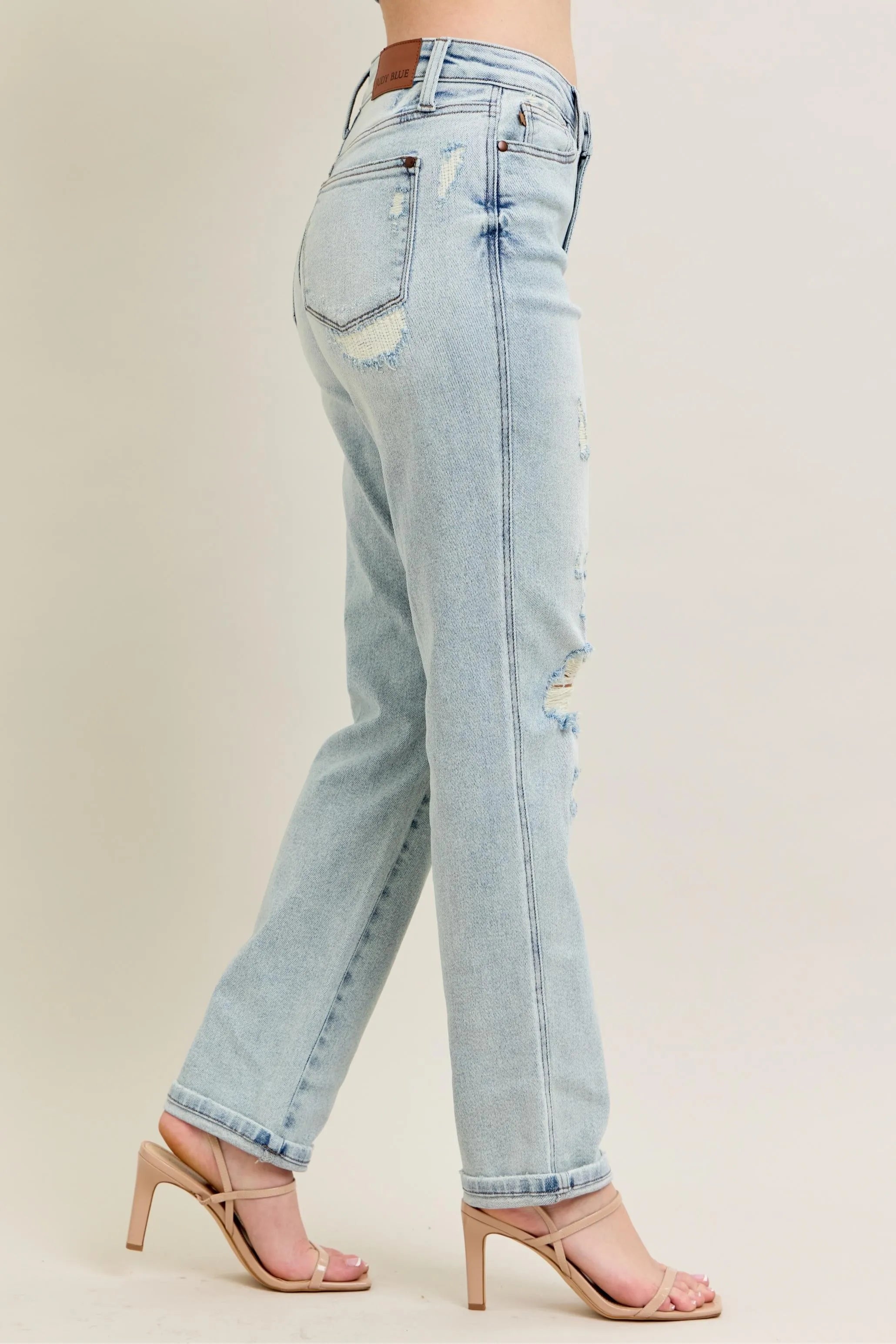 Judy Blue Full Size Mr Repair Stitch Detail Destroy Single Cuff Bf Jeans Plus Size OutfitFlow