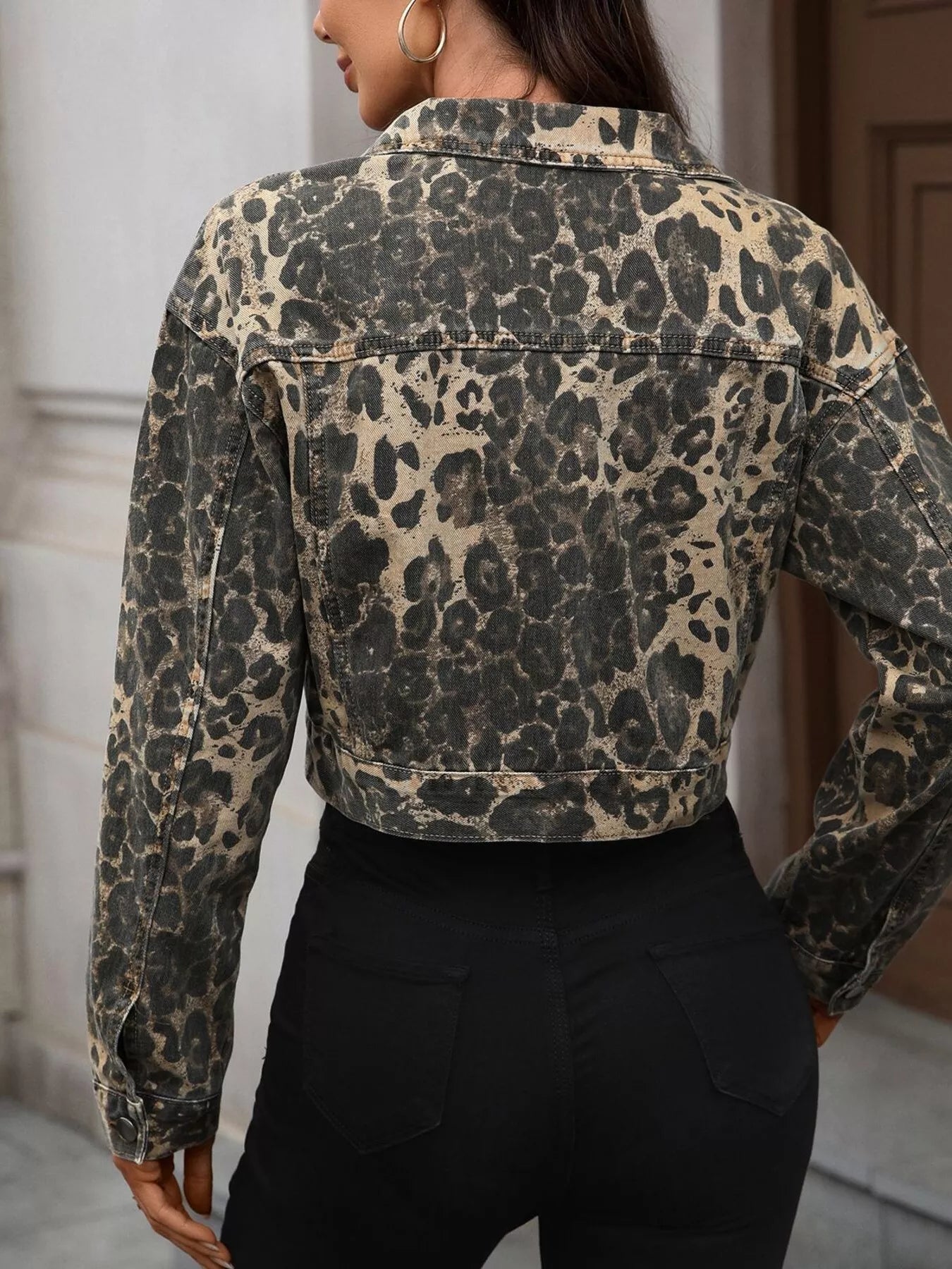 Leopard Button Up Cropped Denim Jacket OutfitFlow