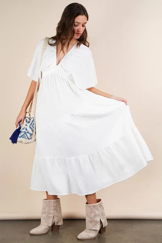 VERY J Mineral Washed Elastic Neck Detail Midi Dress OutfitFlow