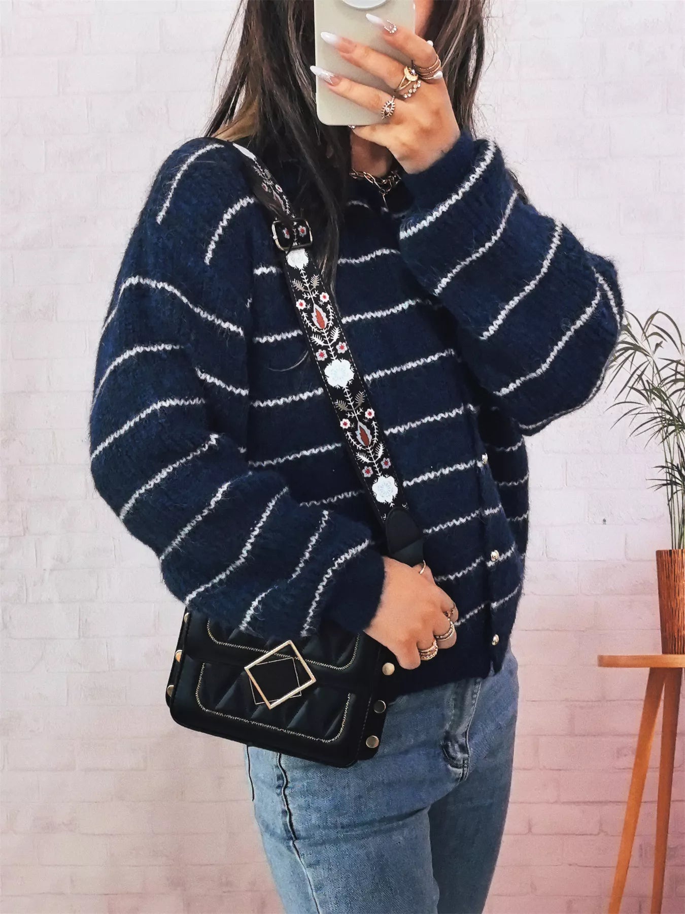 Striped Button Up Long Sleeve Cardigan OutfitFlow