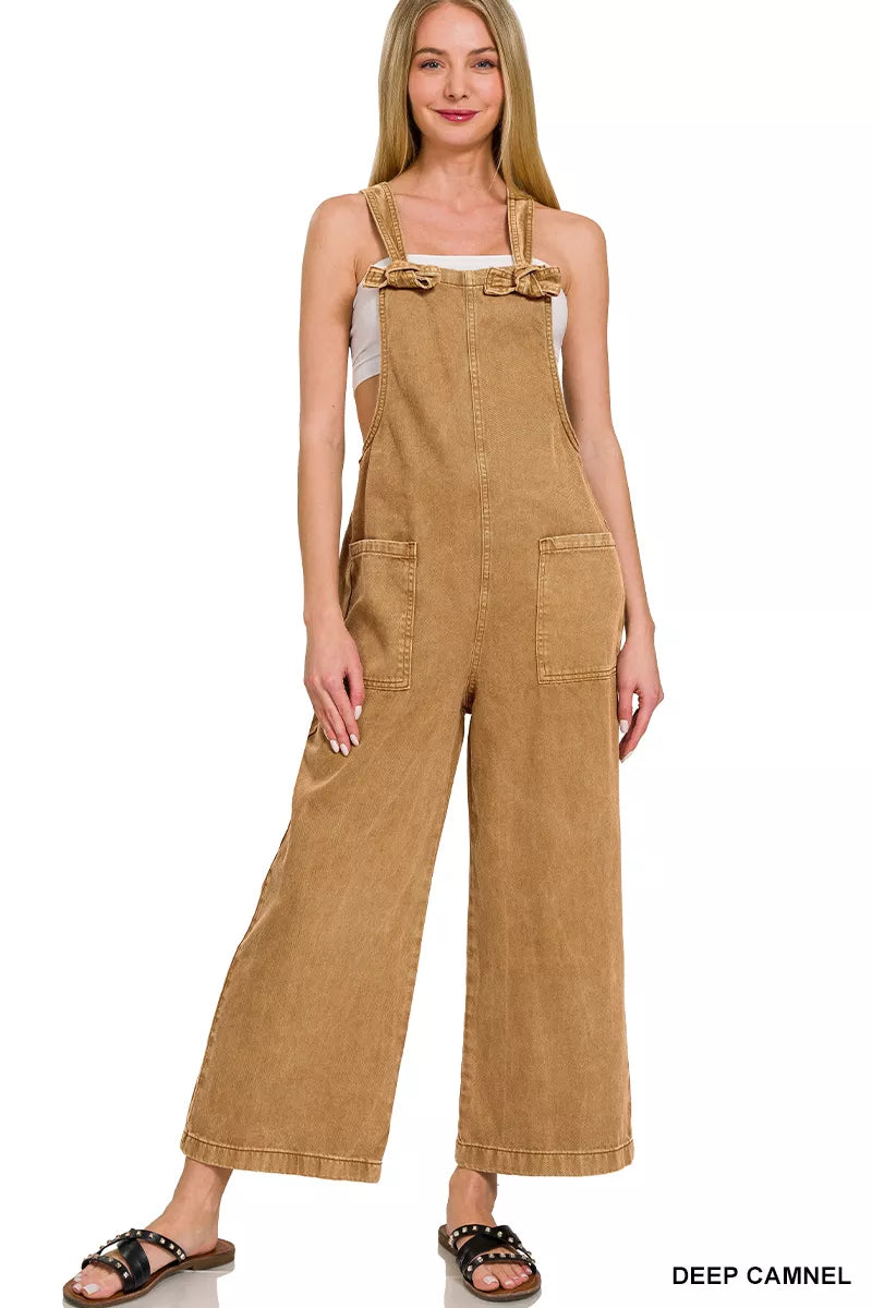 Zenana Washed Knot Strap Pockets Jumpsuit Trendsi