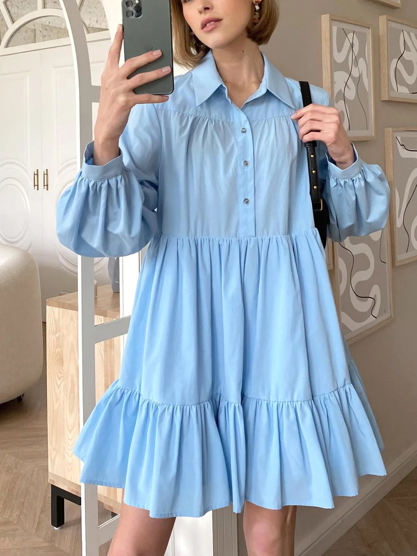 Tiered Long Sleeve Shirt Dress Light Blue OutfitFlow