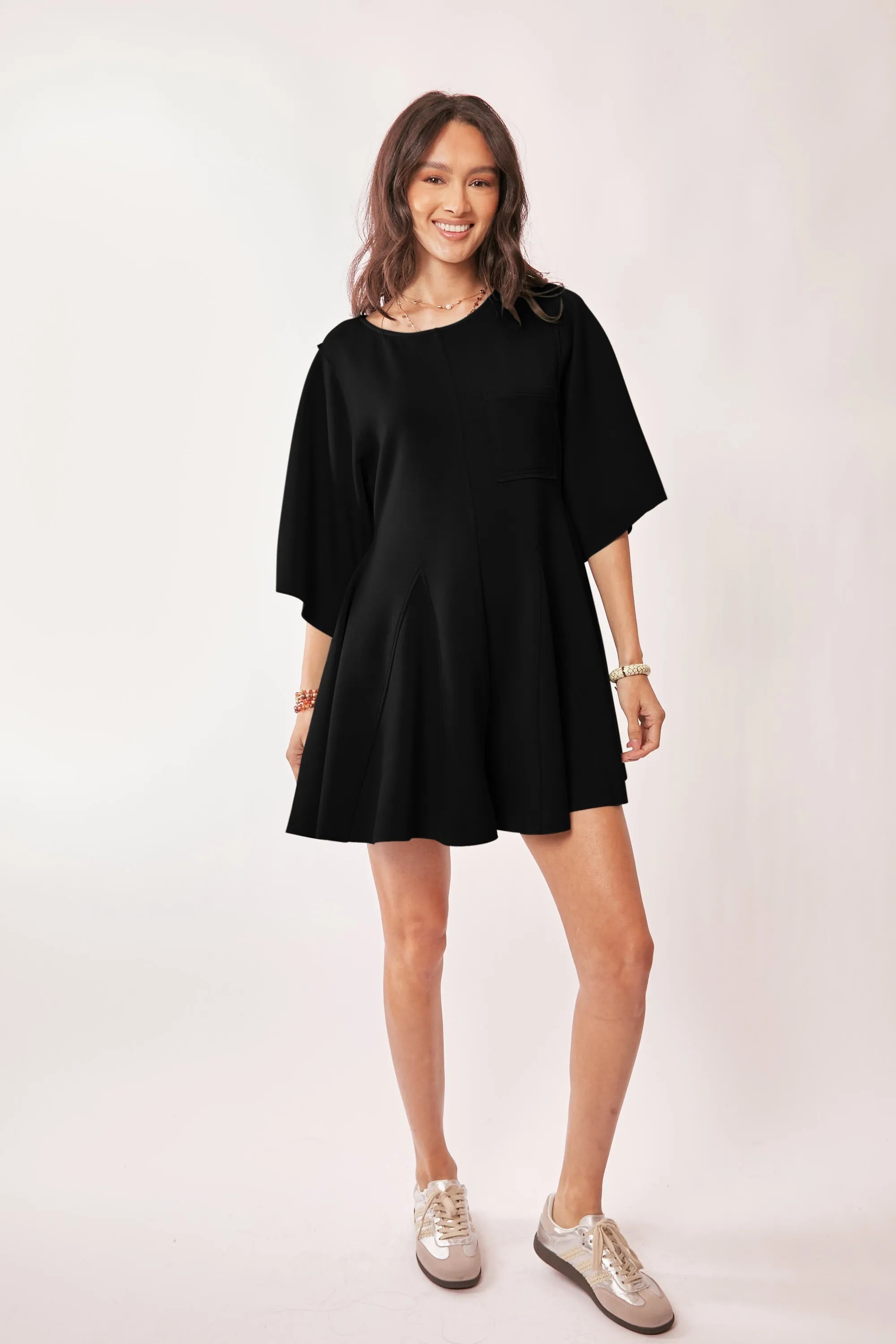 Davi & Dani Solid Draped Sleeve Ties Back Skort Romper OutfitFlow