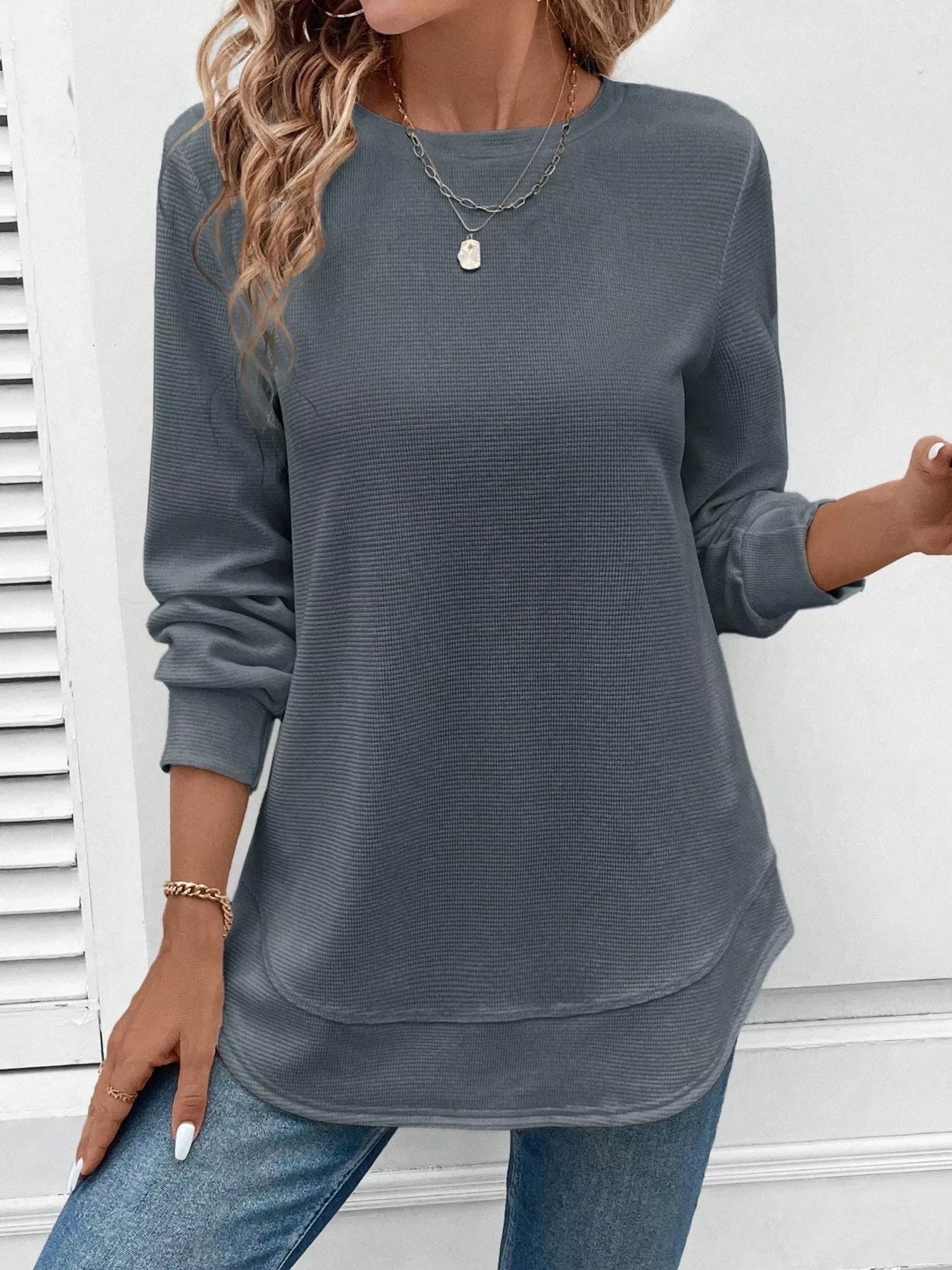 Casual Texture Knit Long Sleeve T-Shirt Trendsi