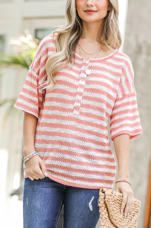 And The Why Stripe Knit Snap Button Front Casual Top PEACH OutfitFlow