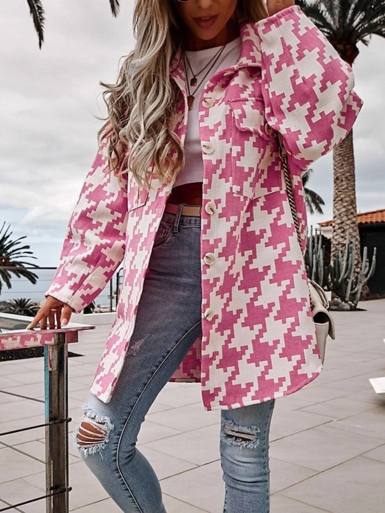 Houndstooth Button Up Long Sleeve Outerwear OutfitFlow