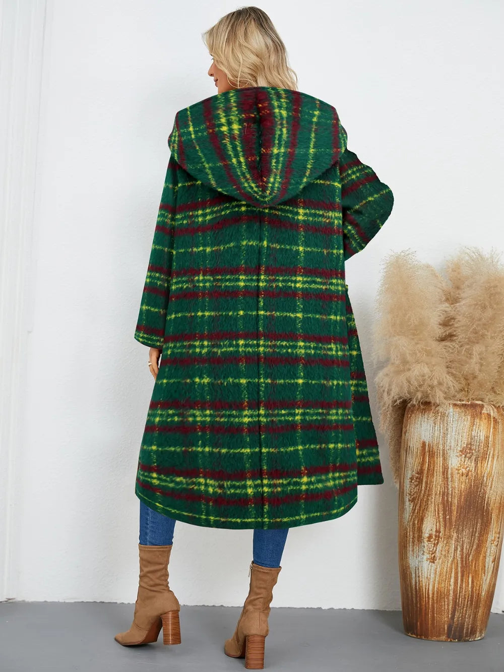 Plaid Long Sleeve Hooded Coat with Pockets OutfitFlow