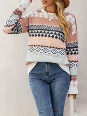 Geometric Pattern Round Neck Sweater OutfitFlow