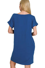 Zenana Rolled Short Sleeve Round Neck Dress OutfitFlow