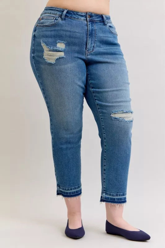 Judy Blue Full Size Mid Rise Bf Patch & Repair Destroy Release Hem Jeans Plus Size OutfitFlow