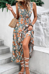 Floral Print Trimmed V Neck Tie Waist Sleeveless Dress OutfitFlow