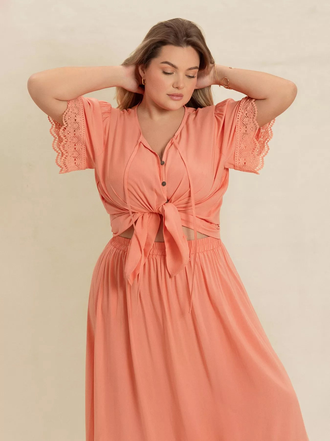 Plus Size Lace Detail Tie Neck Top and Skirt Set OutfitFlow