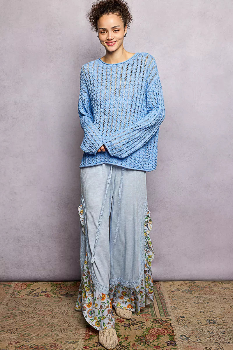 POL Openwork Round Neck Knit Top with Shiny Detail OutfitFlow