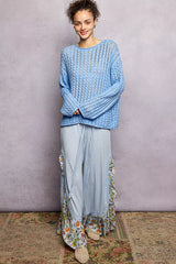 POL Openwork Round Neck Knit Top with Shiny Detail OutfitFlow