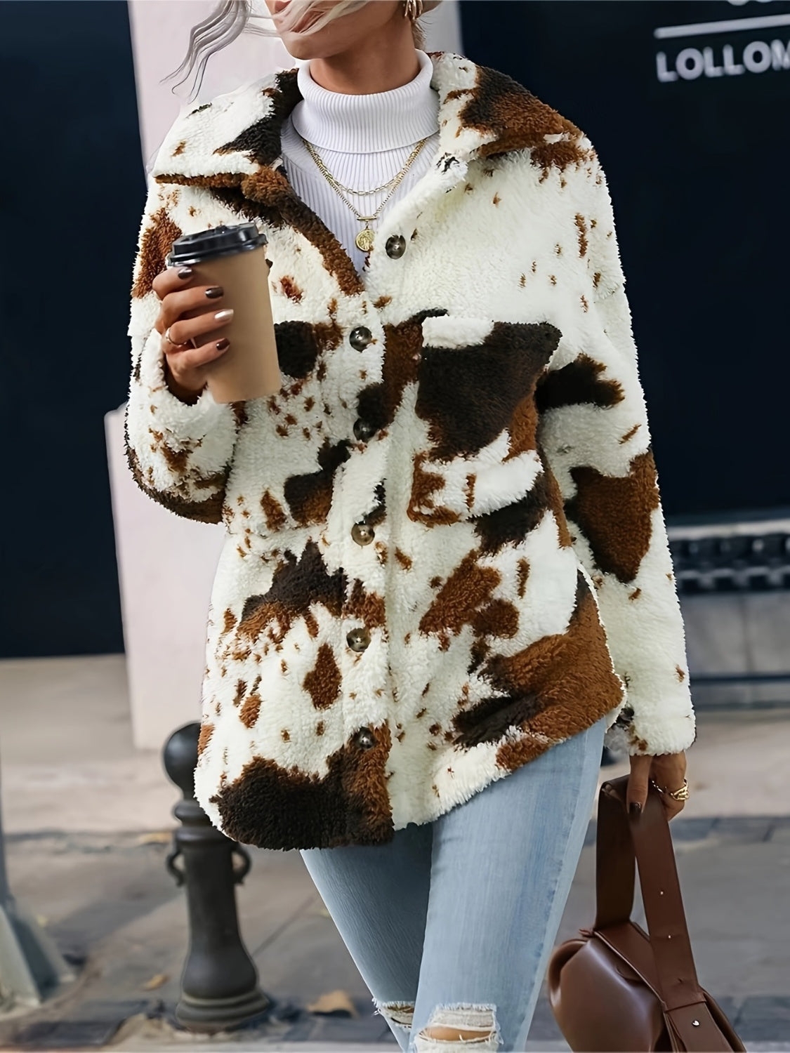 Outfit Flow - Cow Print Collared Neck Button Up Fuzzy Jacket