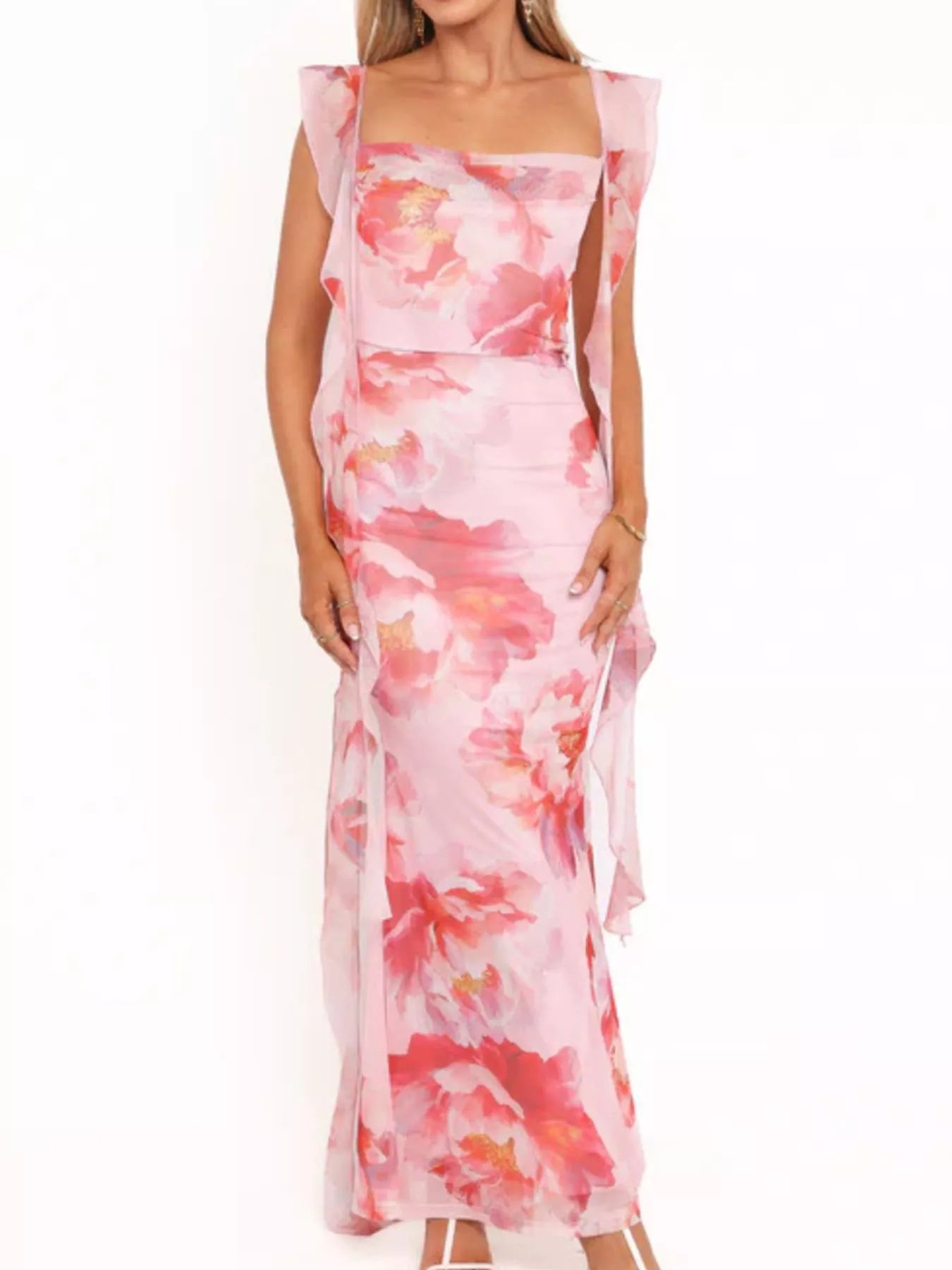 Floral Print Ruffle Trim Bodycon Maxi Dress Pink OutfitFlow