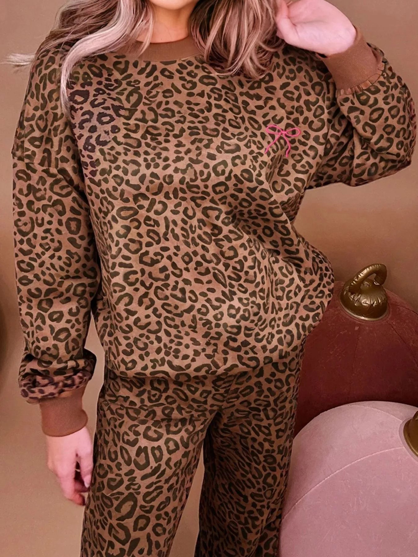 Leopard Print Contrast Trim Long Sleeve Top and Pants Set OutfitFlow
