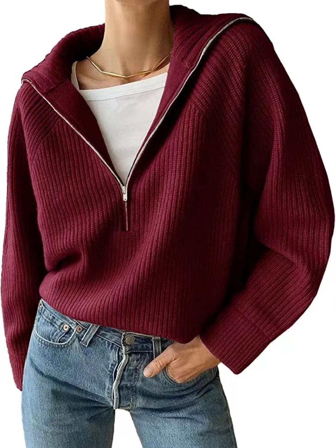 Half-Zip Long Sleeve Sweater Burgundy OutfitFlow