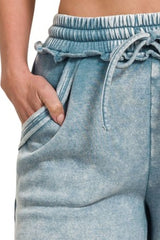 Zenana Acid Wash Fleece Drawstring Shorts With Pockets OutfitFlow