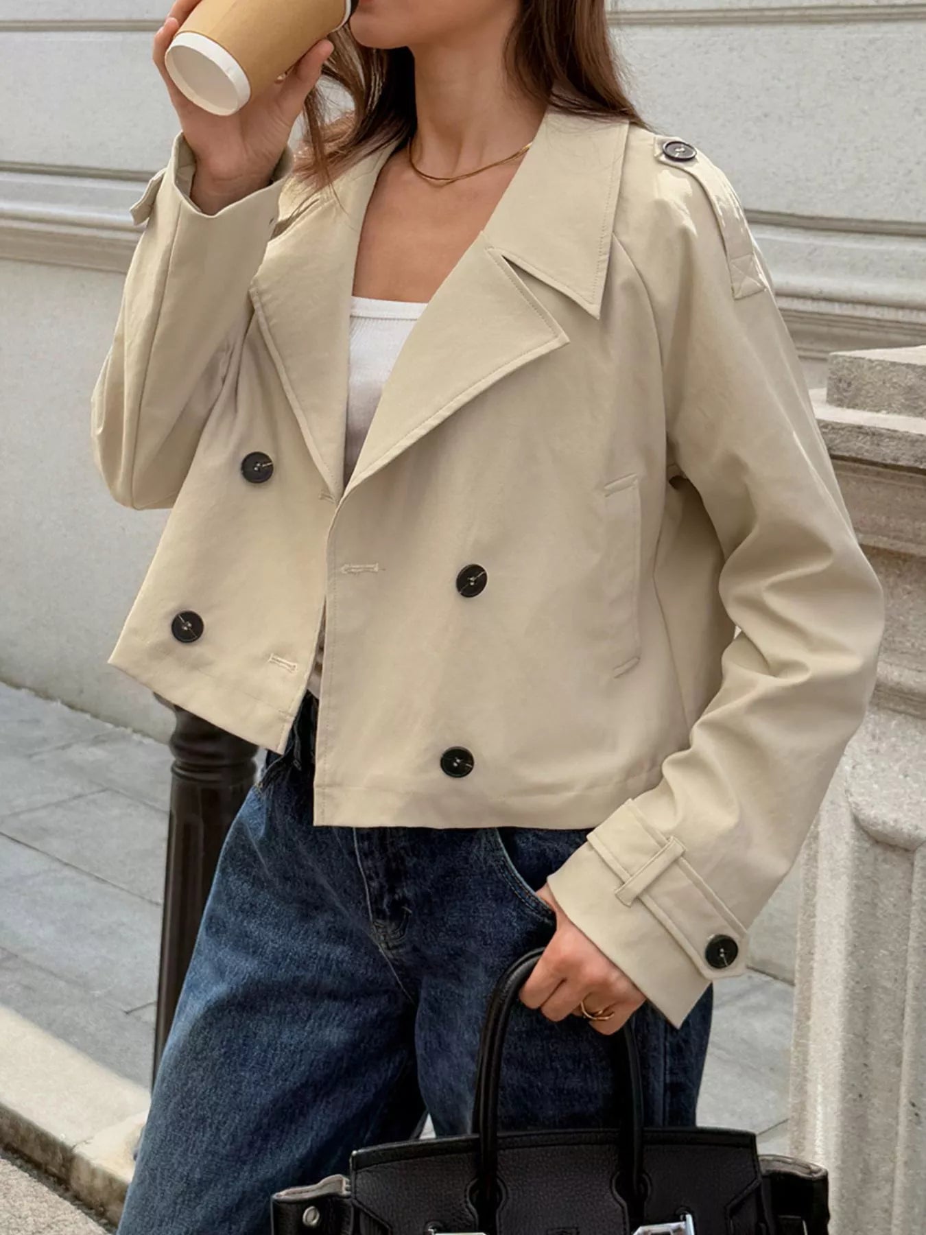 Cropped Double-Breasted Raglan Sleeve Jacket Trendsi